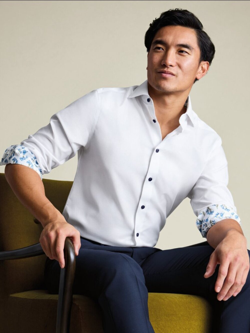 Charles Tyrwhitt Non-Iron Stretch Floral Print Trim Shirt, White, 15.5" Slim Fit - Picture 8 of 8
